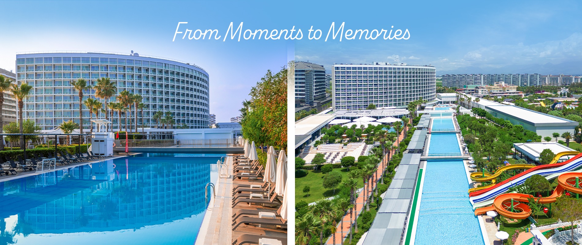 Bildcollage mit zwei Crystal Hotels – stilvolle Hotelanlagen mit Pool und Meerblick