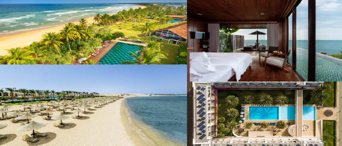 Oben, links: Dickwella Resort & Spa, Sri Lanka, rechts: Silavadee Pool & Spa Resort Koh Samui/ Thailand Unten, links: Jaz Elite Asteria, Saal Hasheesh (links), rechts: Hotel Dunas de Sal Cabo Verde, Sal, Kapverdische Inseln Neue Hotels im Portfolio der ANEX Gruppe: (© ANEX Gruppe):