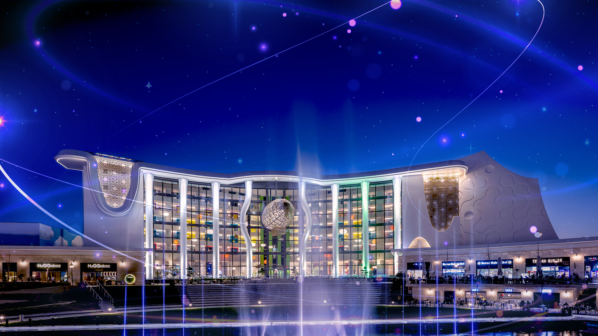 Hotel The Land Of Legends Nickelodeon Frontaufnahme des Hotels The Land Of Legends Nickelodeon in Antalya bei Nacht